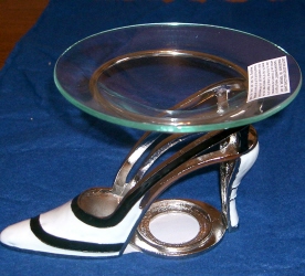Shoes Tart Burner, oil warmer, pewter  High Heel white w/blk stripe #65014