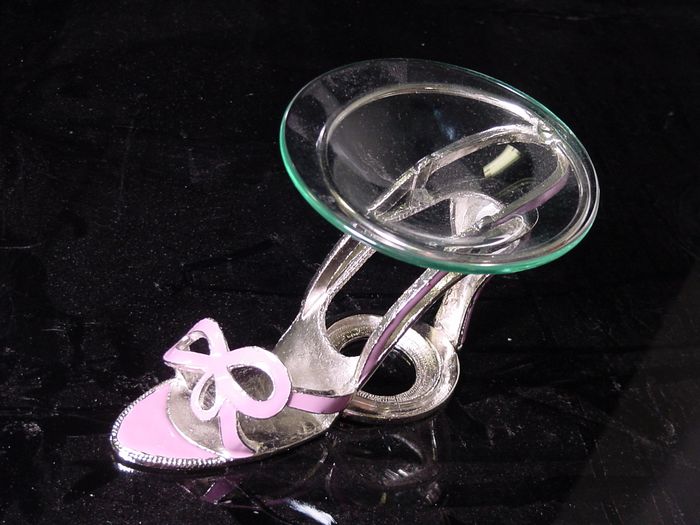 Shoes tart burner, oil warmer pewter high heel  purple bow #65017