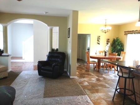 Living room to kitchen and dining area.