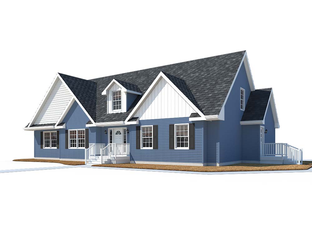 Rendering with 12/12 roof pitch and dog-house dormer.
